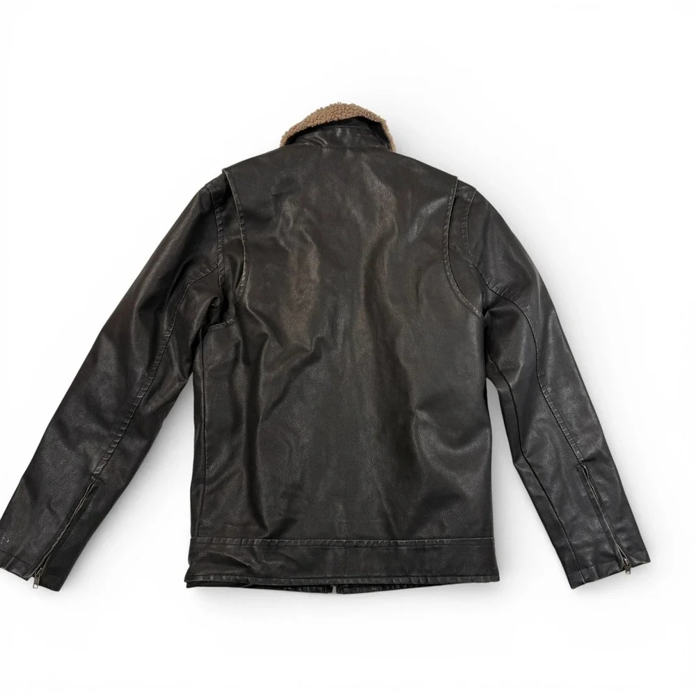 Aeropostale Faux Vegan Leather Jacket Sherpa Collar Brown Mens Small Bomber‎